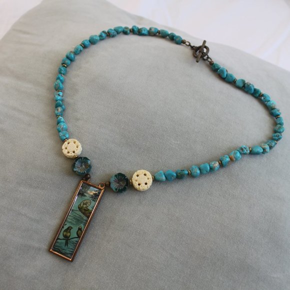Turquoise and Carved Stone Pendant Necklance - Picture 2 of 5